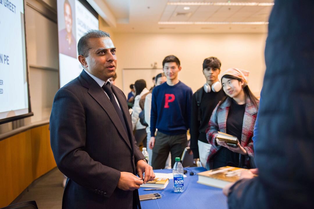 Sachin Khajuria talks with students after his fireside chat